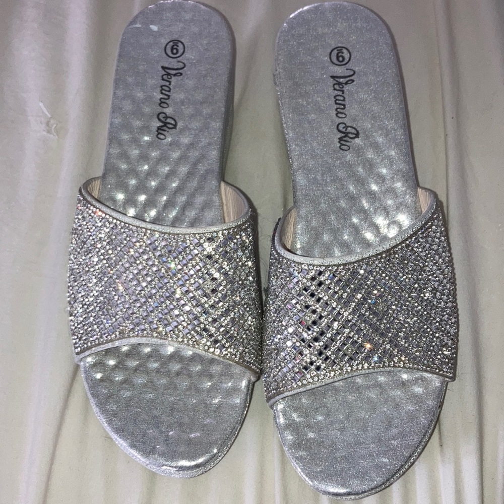 Silver Sparkly Wedge Slides/Mules Size 9 - image 1